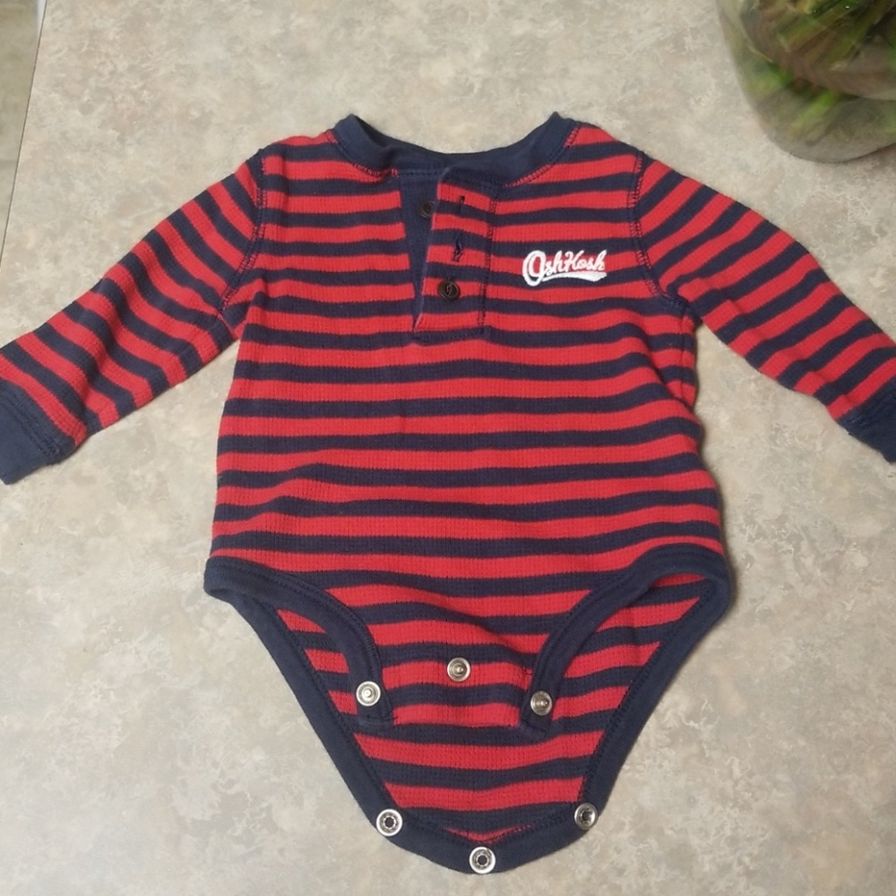 Red and blue striped oshkosh long sleeve shirt.